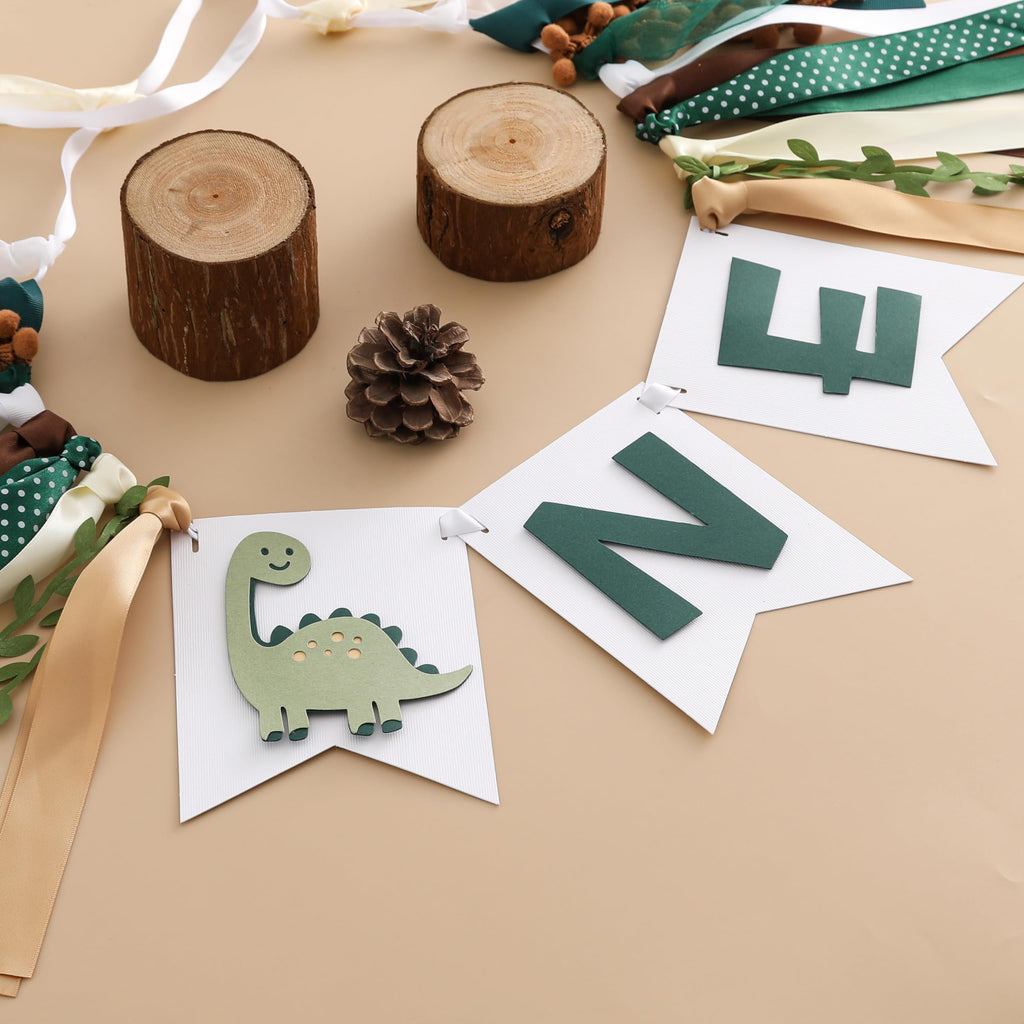 Tenshun Dinosaur 1st Birthday High Chair Banner - Earth-Toned Dino Party Garland for Baby Boy's First Birthday, Pre-Assembled Satin Ribbon Banner with 3D Layered Pennants, 4.3x5.5 inch Cards
