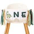 Tenshun Dinosaur 1st Birthday High Chair Banner - Earth-Toned Dino Party Garland for Baby Boy's First Birthday, Pre-Assembled Satin Ribbon Banner with 3D Layered Pennants, 4.3x5.5 inch Cards