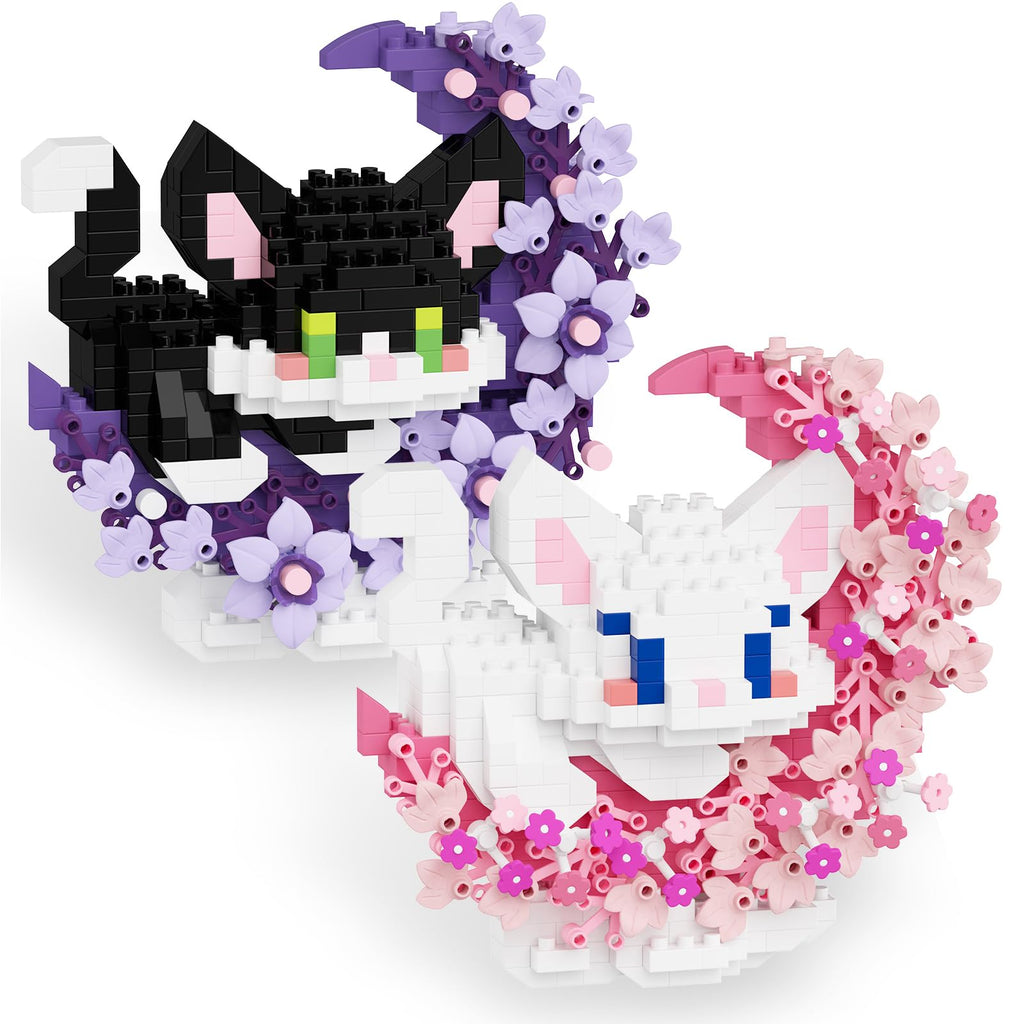 TENYEAH 2-in-1 Micro Brick Set: Pink & Purple Cats with Flower and Moon