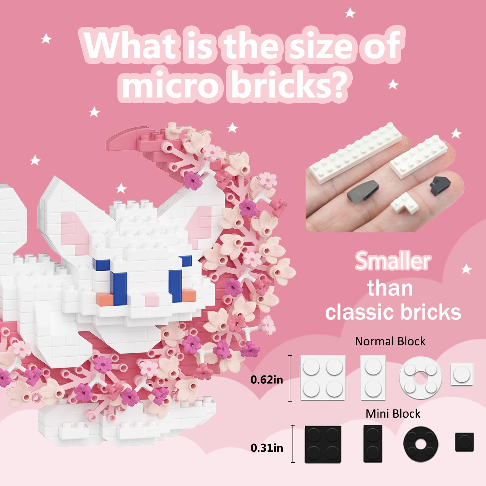 TENYEAH 2-in-1 Micro Brick Set: Pink & Purple Cats with Flower and Moon