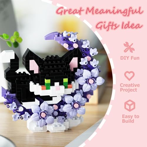 TENYEAH 2-in-1 Micro Brick Set: Pink & Purple Cats with Flower and Moon
