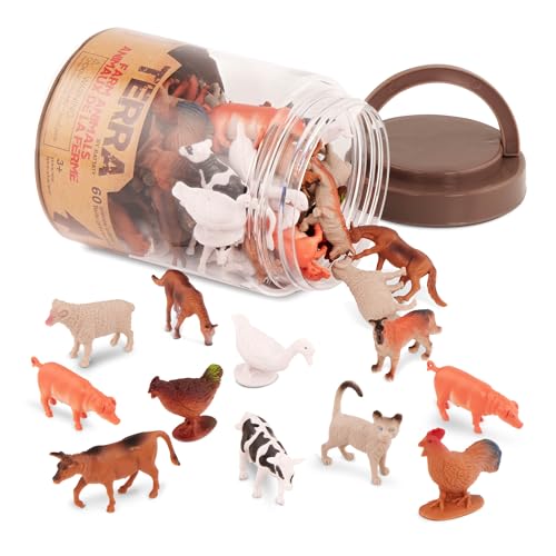 Terra by Battat Farm Animals Tube Set – 60 Mini Plastic Barnyard Figurines for Kids Ages 3+