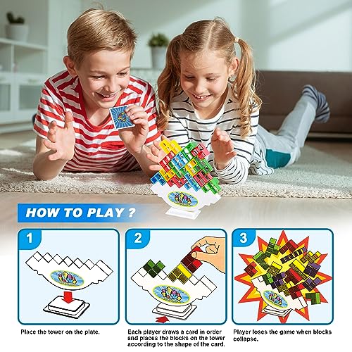 Tetra Balancing Stacking Tower 48-Piece Set - Family Board Game with 66 Cards, STEM Toy for Kids & Adults - Sylmifoi