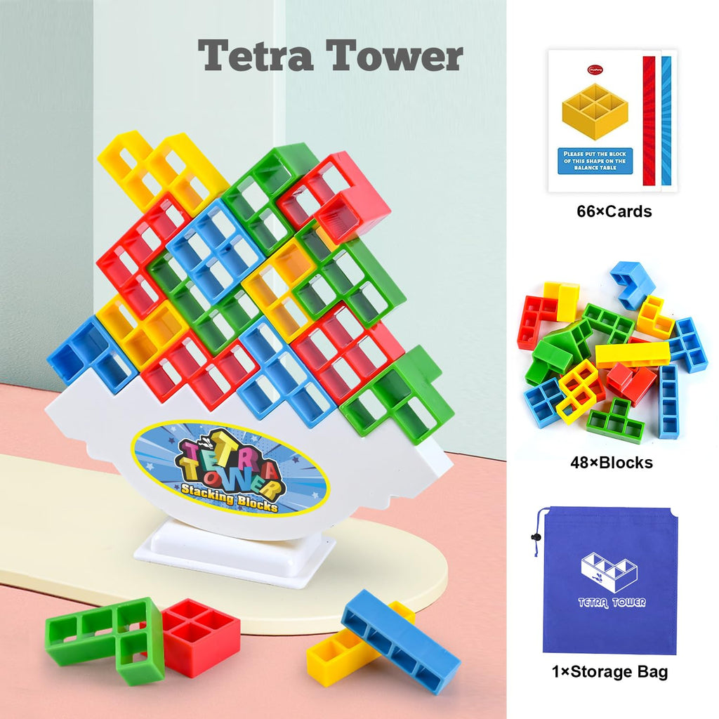 Tetra Balancing Stacking Tower 48-Piece Set - Family Board Game with 66 Cards, STEM Toy for Kids & Adults - Sylmifoi