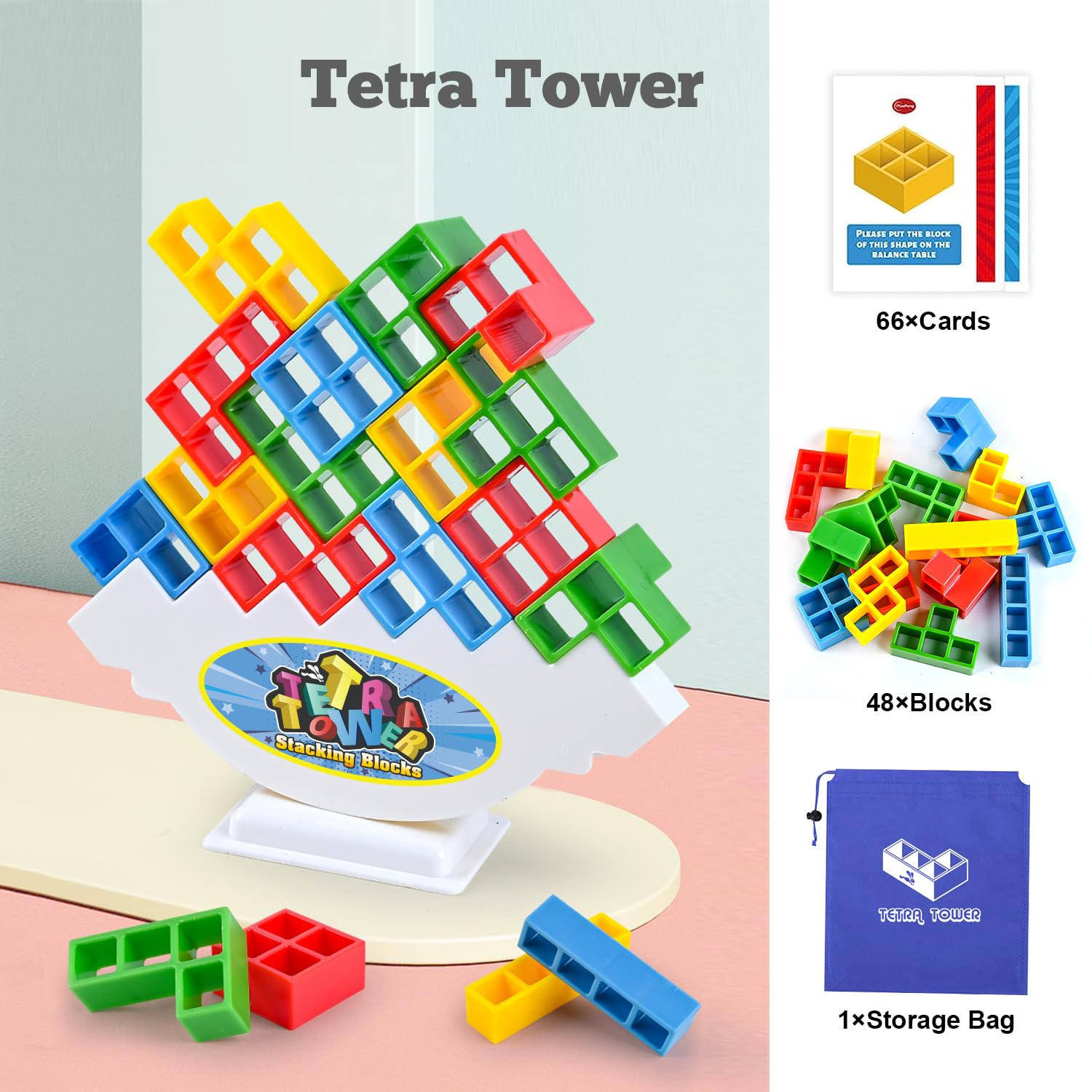 Tetra Balancing Stacking Tower 48-Piece Set - Family Board Game with 66 Cards, STEM Toy for Kids & Adults - Sylmifoi