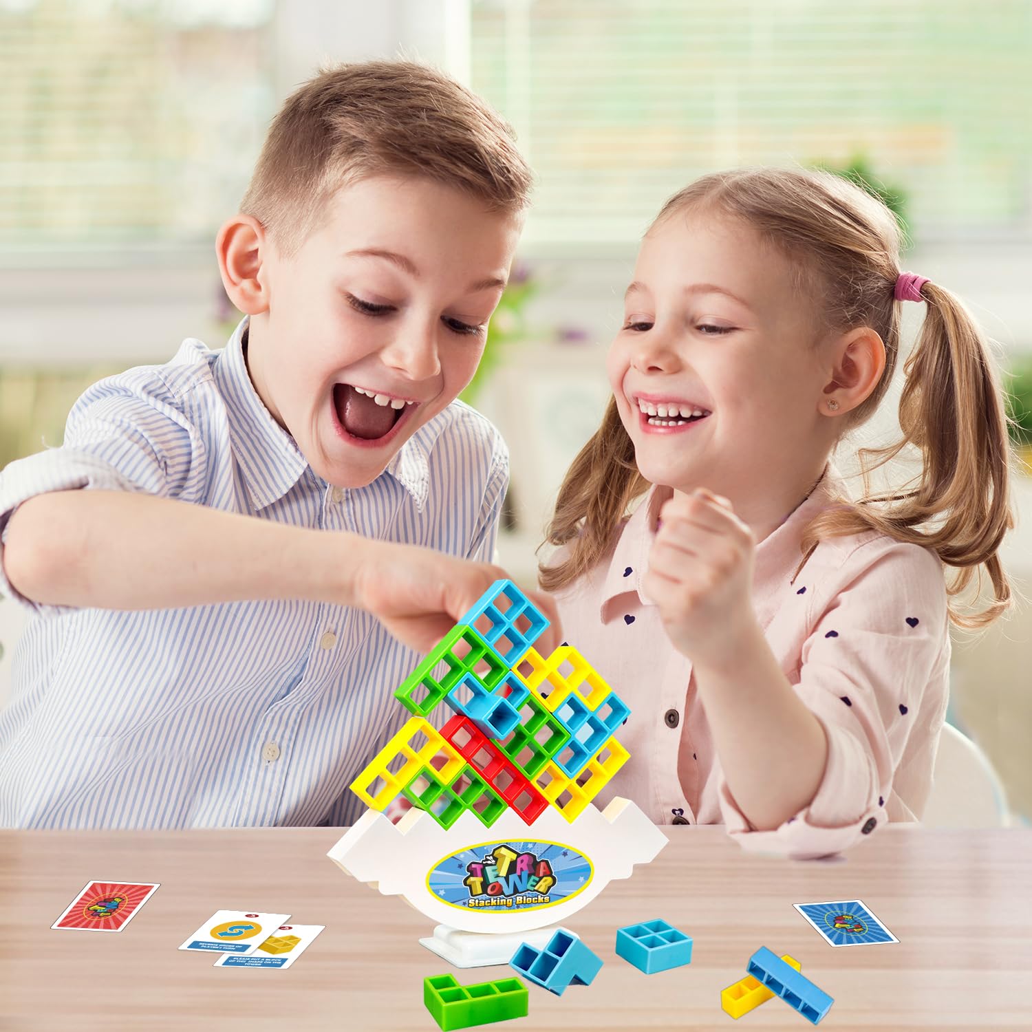 Tetra Balancing Stacking Tower 48-Piece Set - Family Board Game with 66 Cards, STEM Toy for Kids & Adults - Sylmifoi