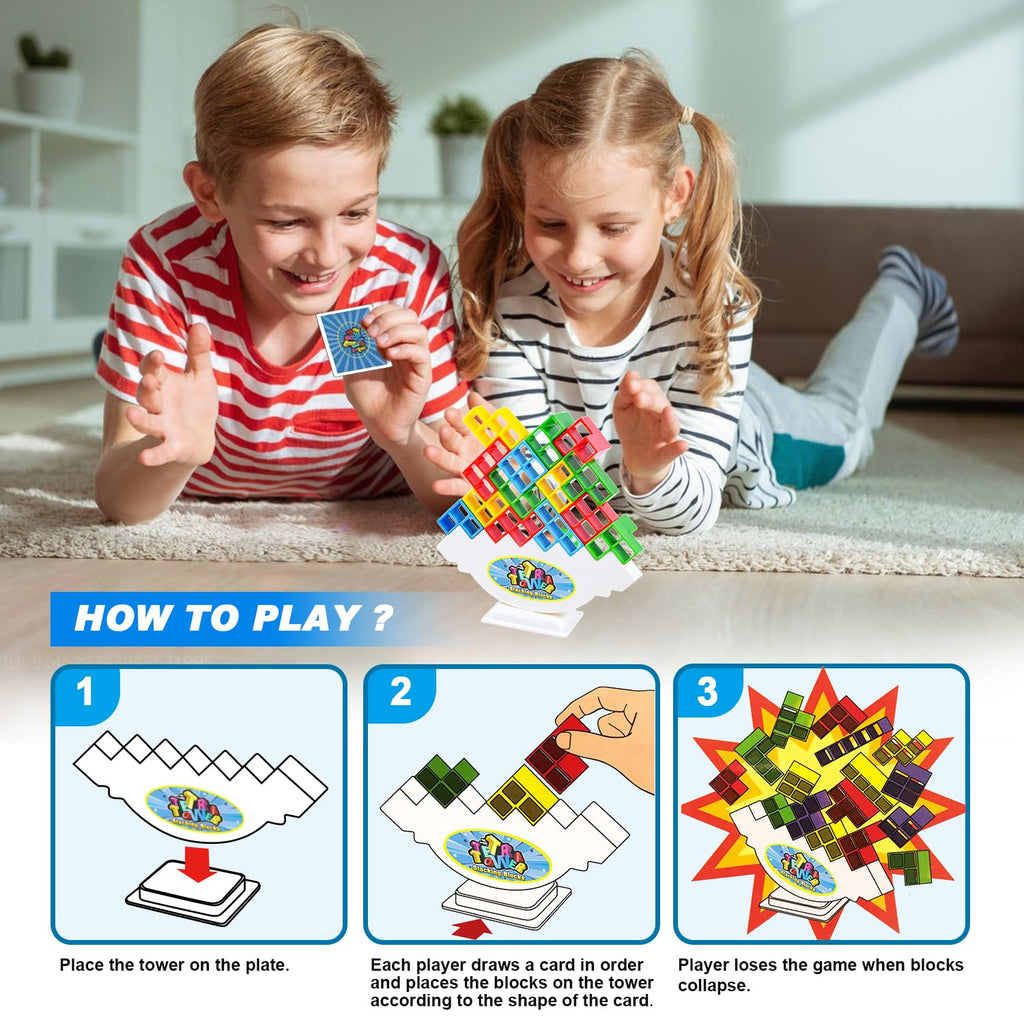 Tetra Balancing Stacking Tower 48-Piece Set - Family Board Game with 66 Cards, STEM Toy for Kids & Adults - Sylmifoi