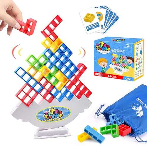 Tetra Balancing Stacking Tower 48-Piece Set - Family Board Game with 66 Cards, STEM Toy for Kids & Adults - Sylmifoi