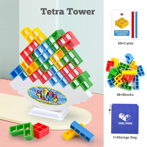 Tetra Balancing Stacking Tower 48-Piece Set - Family Board Game with 66 Cards, STEM Toy for Kids & Adults - Sylmifoi