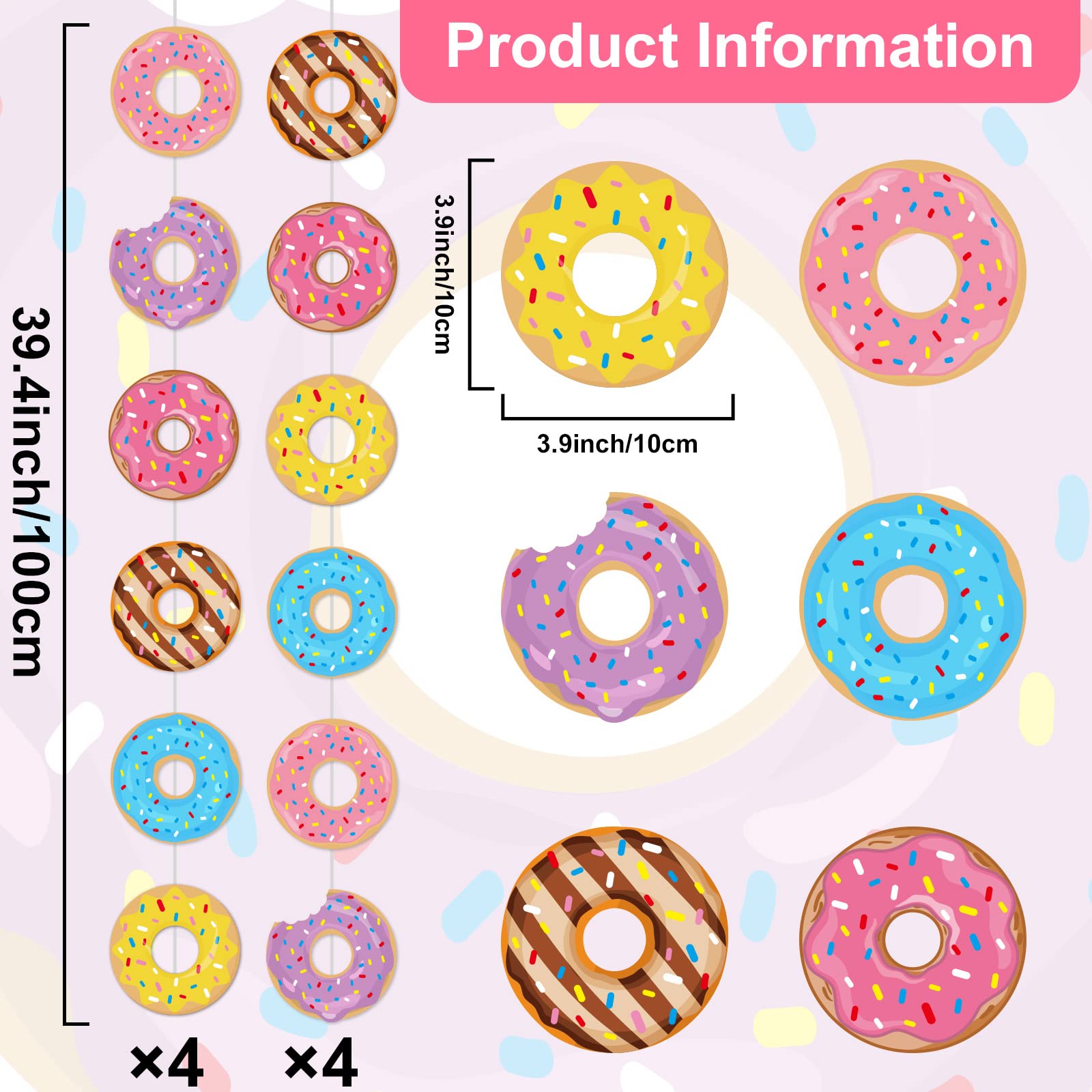 Tevxj 12-Pack Donut Birthday Party Banners - 96 Donut Decorations Garland Kit for Baby Shower, Classroom, Home Decor