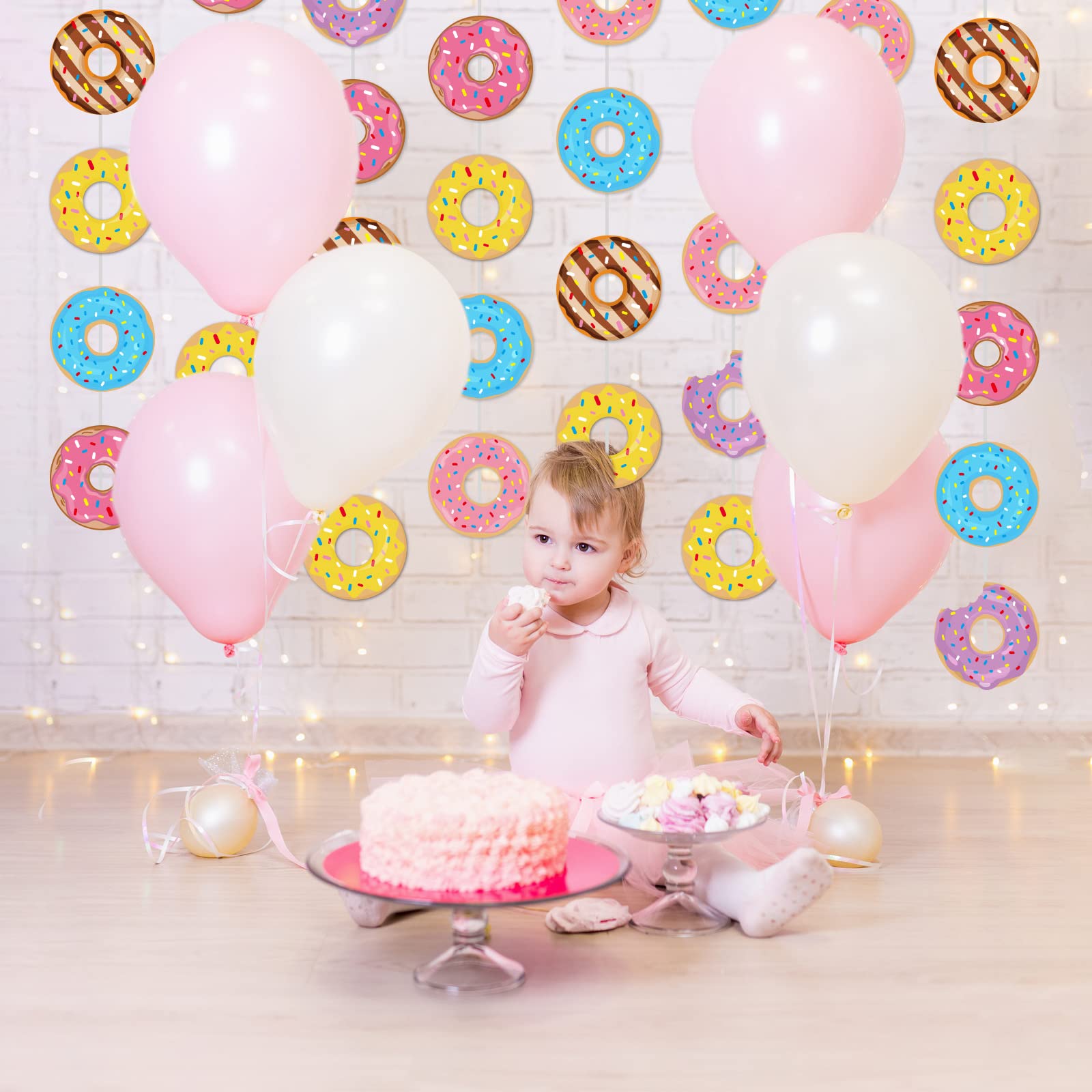 Tevxj 12-Pack Donut Birthday Party Banners - 96 Donut Decorations Garland Kit for Baby Shower, Classroom, Home Decor