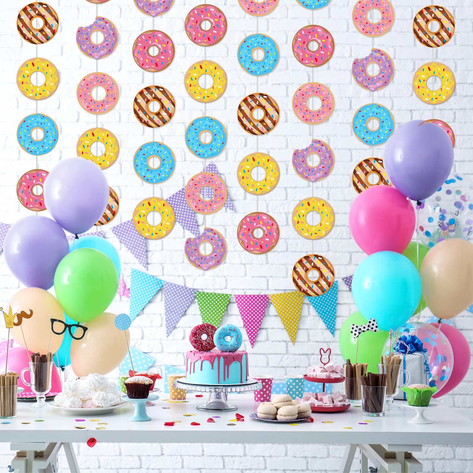 Tevxj 8-Pack Donut Birthday Party Banners - 48 Double-Sided Paper Garland Kit for Baby Shower, Classroom Decor