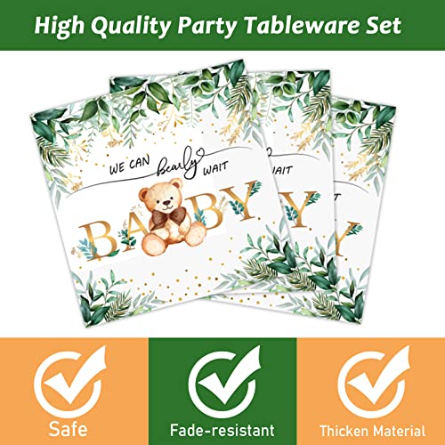 Tevxj 96-Piece Sage Green Bear Baby Shower Tableware Set for 24 Guests – Disposable Plates, Napkins, Forks with Greenery & Bear Design