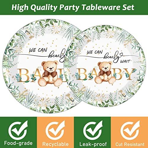Tevxj 96-Piece Sage Green Bear Baby Shower Tableware Set for 24 Guests – Disposable Plates, Napkins, Forks with Greenery & Bear Design
