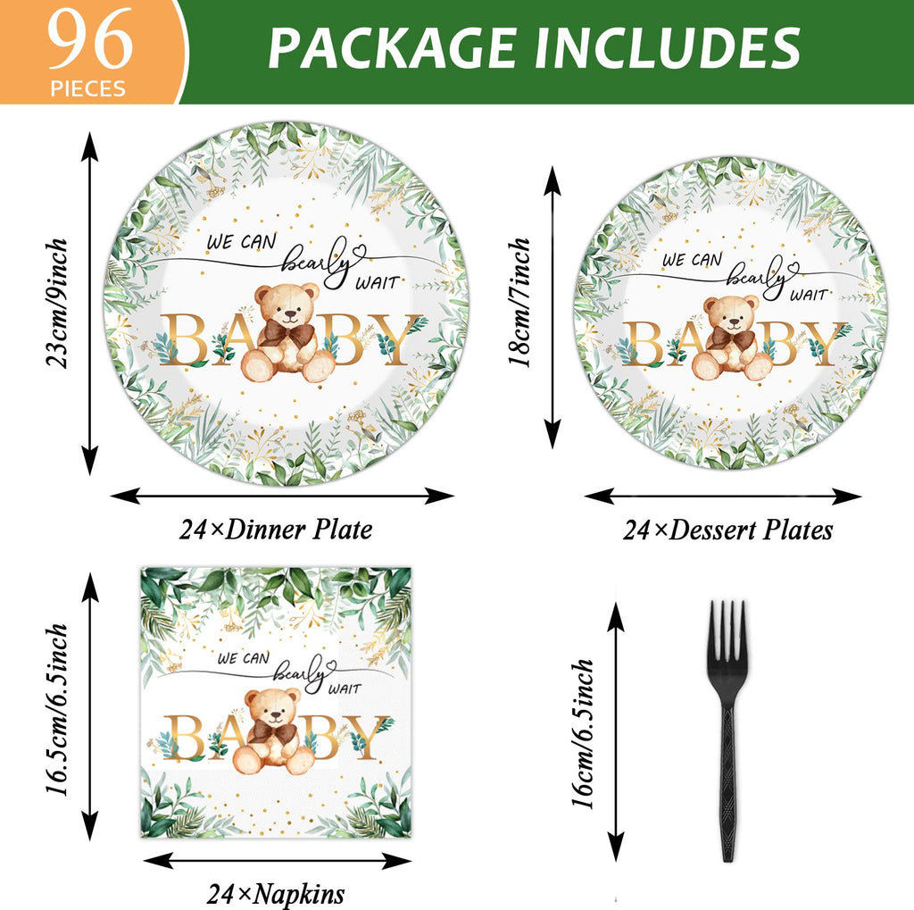 Tevxj 96-Piece Sage Green Bear Baby Shower Tableware Set for 24 Guests – Disposable Plates, Napkins, Forks with Greenery & Bear Design