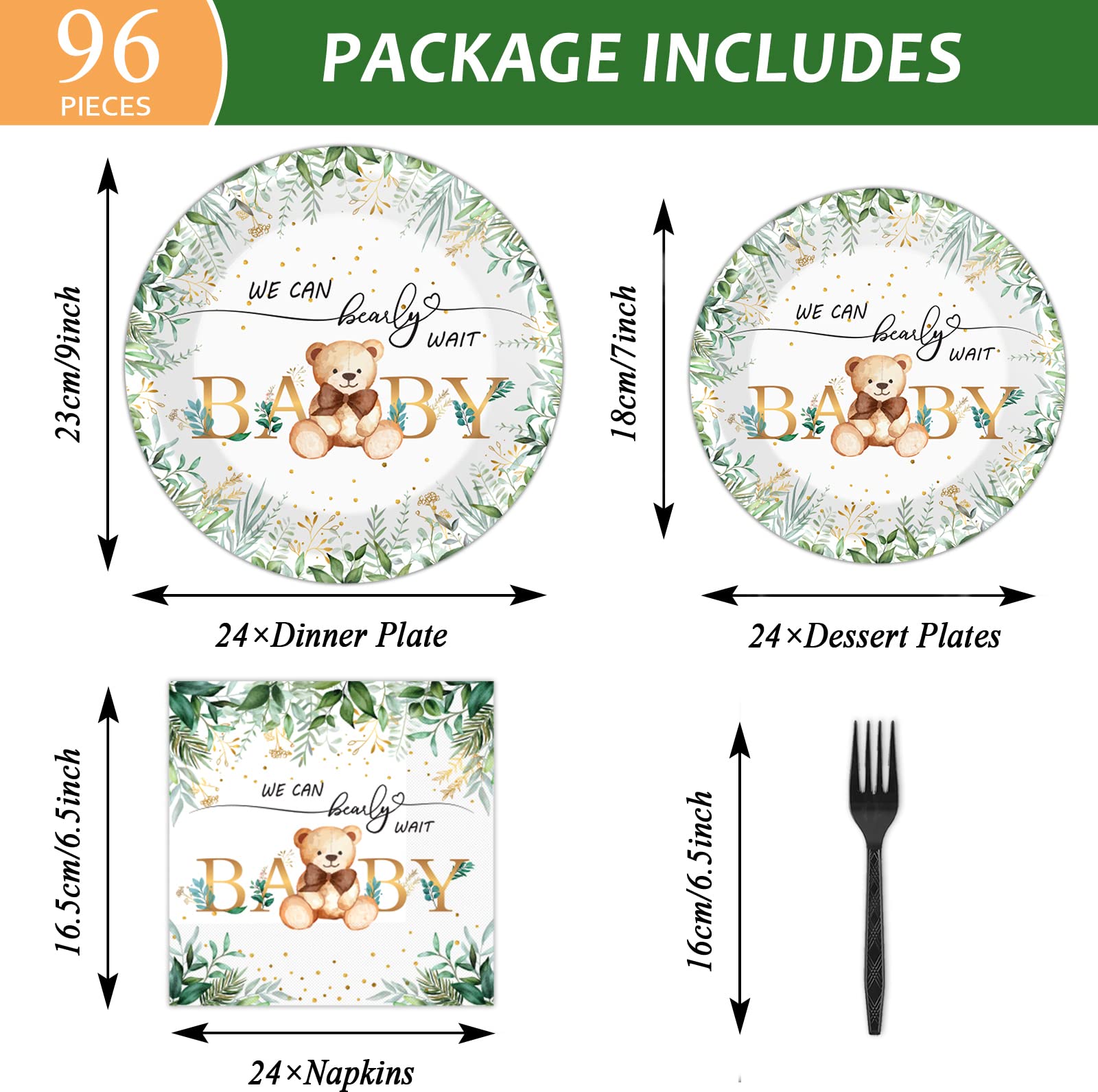 Tevxj 96-Piece Sage Green Bear Baby Shower Tableware Set for 24 Guests – Disposable Plates, Napkins, Forks with Greenery & Bear Design