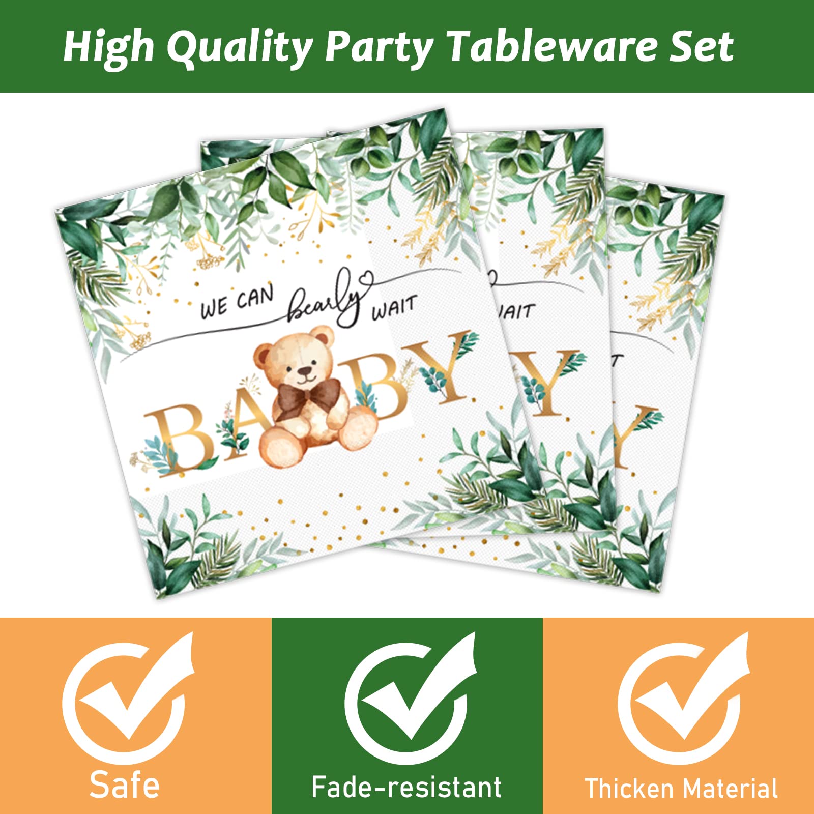 Tevxj 96-Piece Sage Green Bear Baby Shower Tableware Set for 24 Guests – Disposable Plates, Napkins, Forks with Greenery & Bear Design