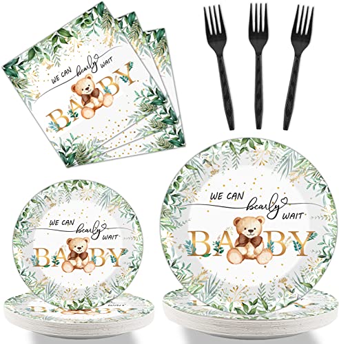 Tevxj 96-Piece Sage Green Bear Baby Shower Tableware Set for 24 Guests – Disposable Plates, Napkins, Forks with Greenery & Bear Design