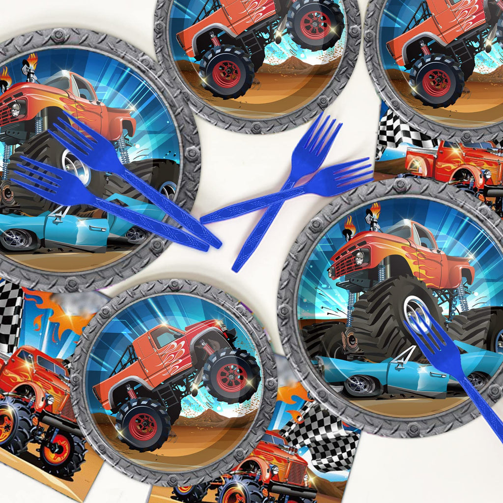 Tevxj 96PCS Truck Party Tableware Set: Plates, Napkins & Forks for 24 Guests