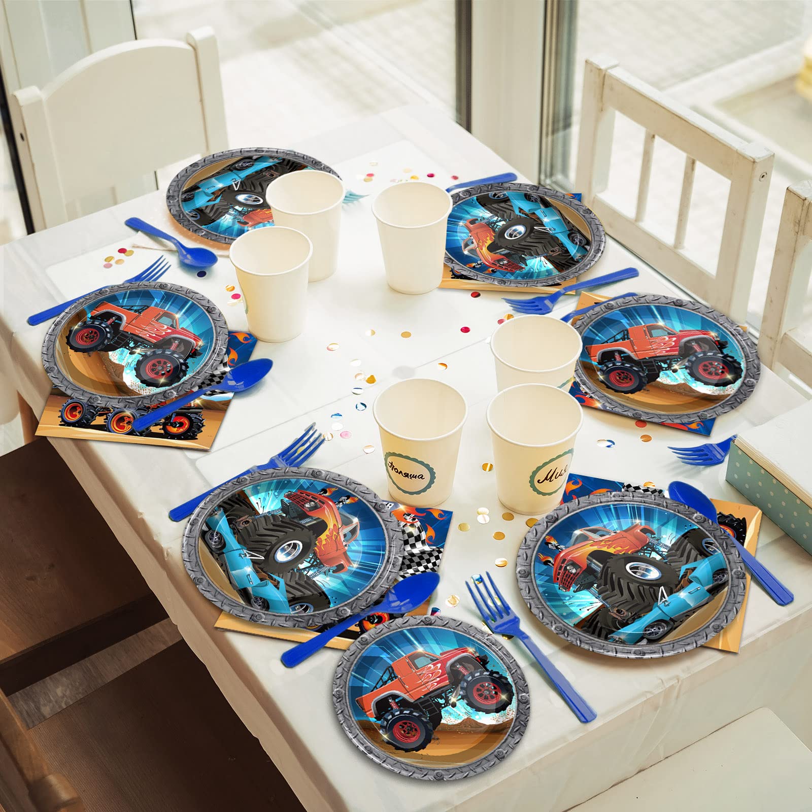 Tevxj 96PCS Truck Party Tableware Set: Plates, Napkins & Forks for 24 Guests