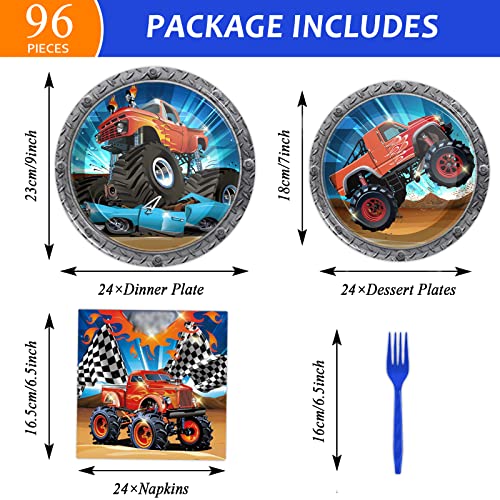Tevxj 96PCS Truck Party Tableware Set: Plates, Napkins & Forks for 24 Guests