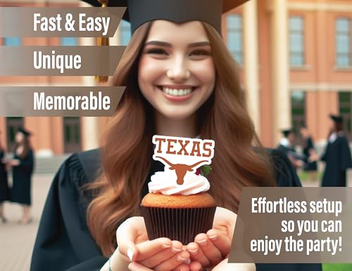 Texas Longhorns Cupcake Toppers – 24 Pack, PartyKandy, 3-4 Inch, Recyclable Paper Party Decor
