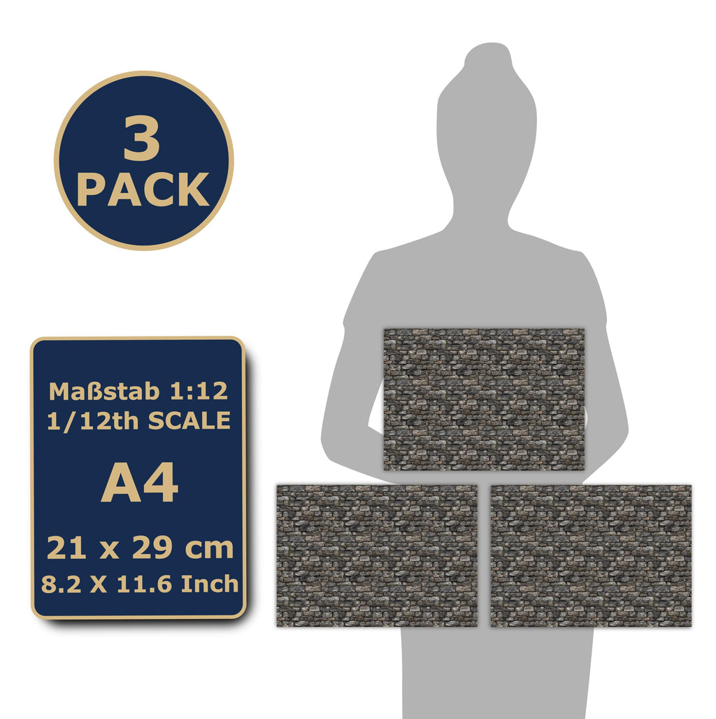 TexturKontor 3 Sheets Self-Adhesive Dollhouse Wall Cladding – 1:12 Scale Cottage Brick Design, DIN A4 Sticker Film