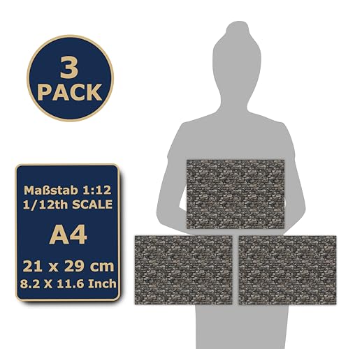 TexturKontor 3 Sheets Self-Adhesive Dollhouse Wall Cladding – 1:12 Scale Cottage Brick Design, DIN A4 Sticker Film