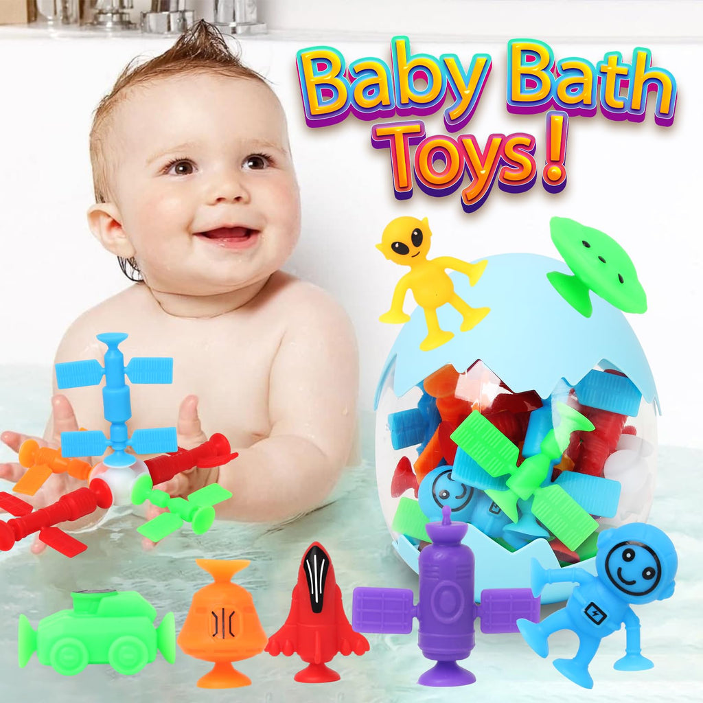 Texviko 20-Pack Space Suction Bath Toys with Eggshell Bag – Silicone No-Hole Bath Toys for Toddlers 3-6 Years