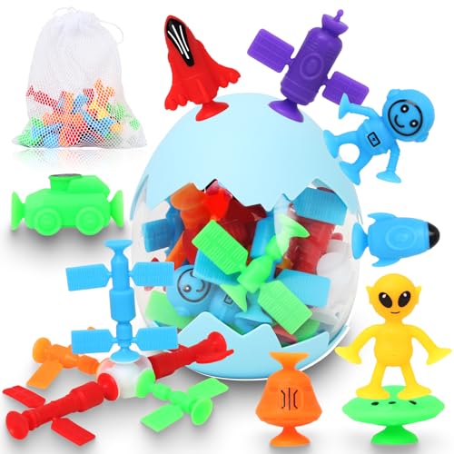 Texviko 20-Pack Space Suction Bath Toys with Eggshell Bag – Silicone No-Hole Bath Toys for Toddlers 3-6 Years