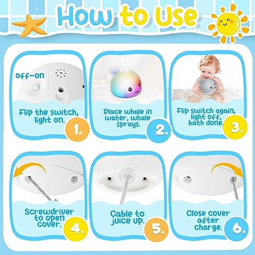 TFS TOP·FANS Baby Whale Bath Toy: Light-Up Fountain for 6-12 Month Olds, Rechargeable & Waterproof