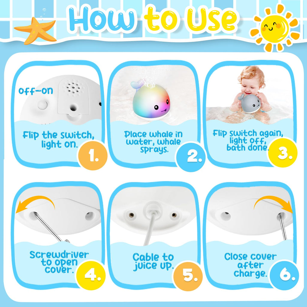 TFS TOP·FANS Baby Whale Bath Toy: Light-Up Fountain for 6-12 Month Olds, Rechargeable & Waterproof