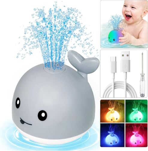 TFS TOP·FANS Baby Whale Bath Toy: Light-Up Fountain for 6-12 Month Olds, Rechargeable & Waterproof