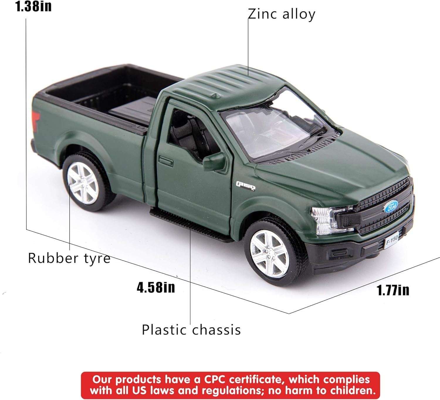 TGRCM-CZ 1/36 Ford F150 Pickup Truck Die-Cast Model - Dark Green Pull-Back Toy Car for Kids Ages 3+