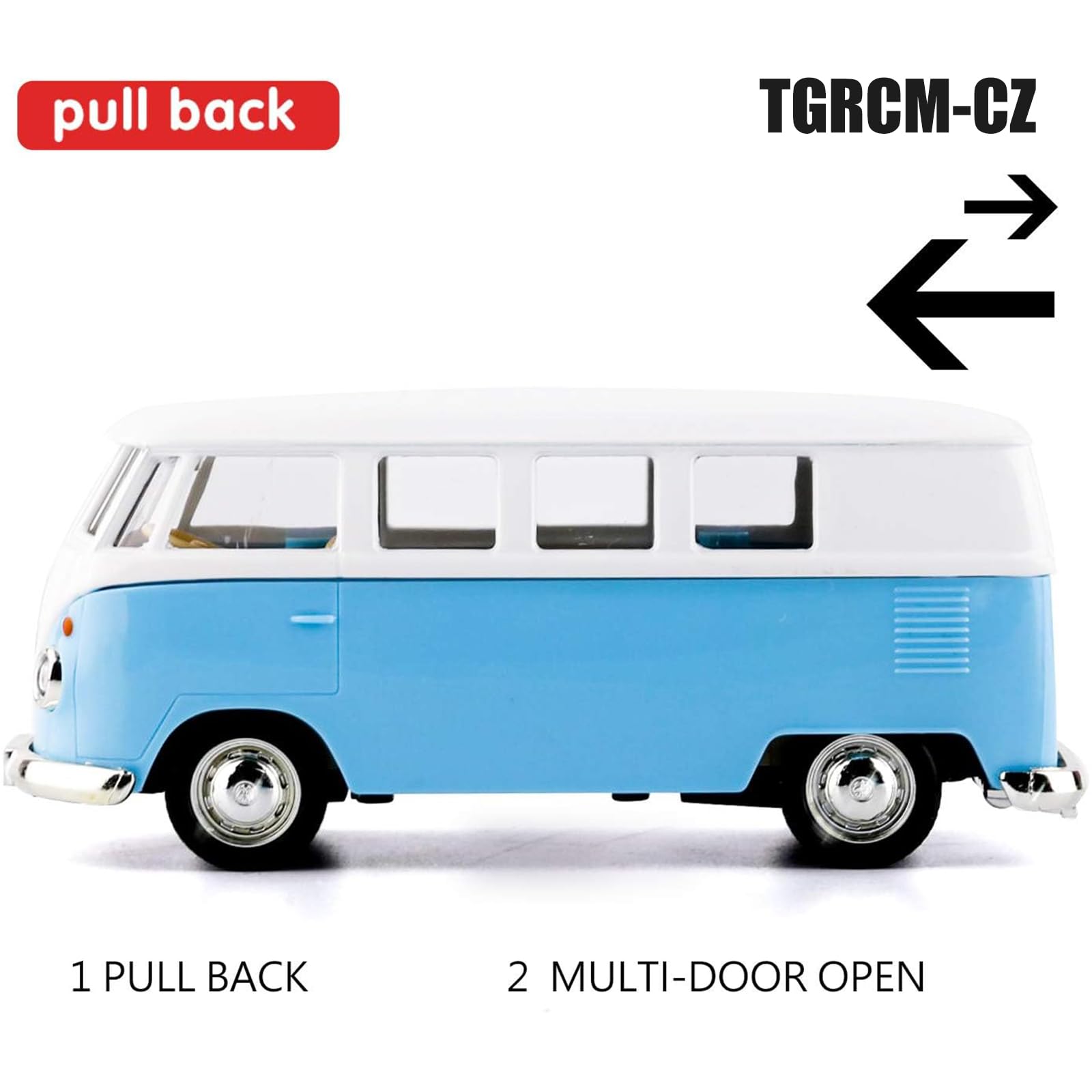 TGRCM-CZ 1:36 Scale Pull Back Bus Toy - Zinc Alloy Die Cast Model with Open Doors, Blue