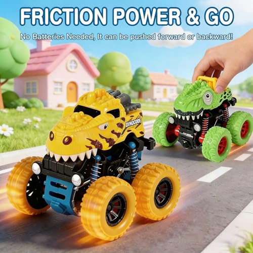 TGXLAK Dinosaur Monster Trucks – 3 Pack Friction Powered Push and Go Cars for Toddlers Ages 2-5