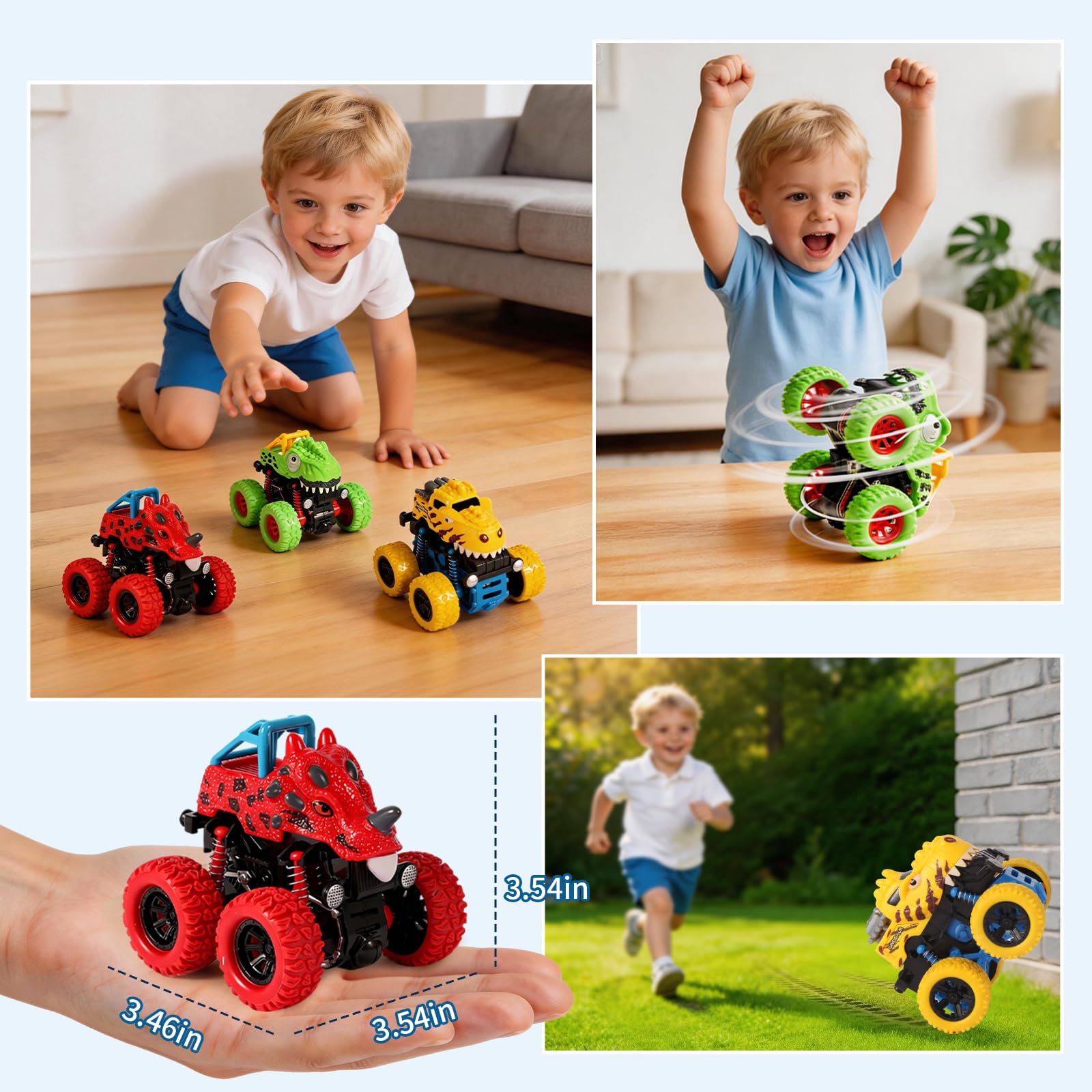 TGXLAK Dinosaur Monster Trucks – 3 Pack Friction Powered Push and Go Cars for Toddlers Ages 2-5