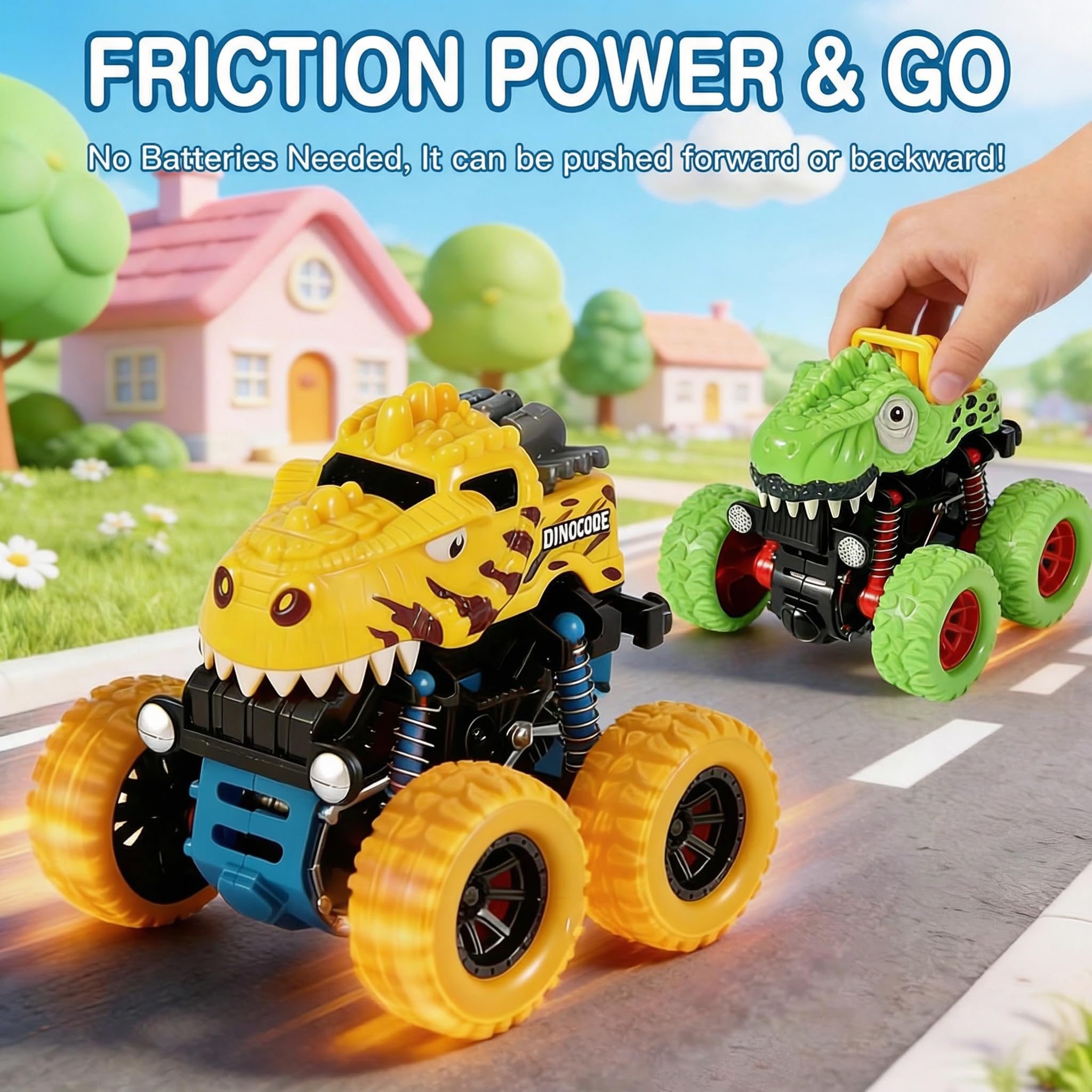 TGXLAK Dinosaur Monster Trucks – 3 Pack Friction Powered Push and Go Cars for Toddlers Ages 2-5