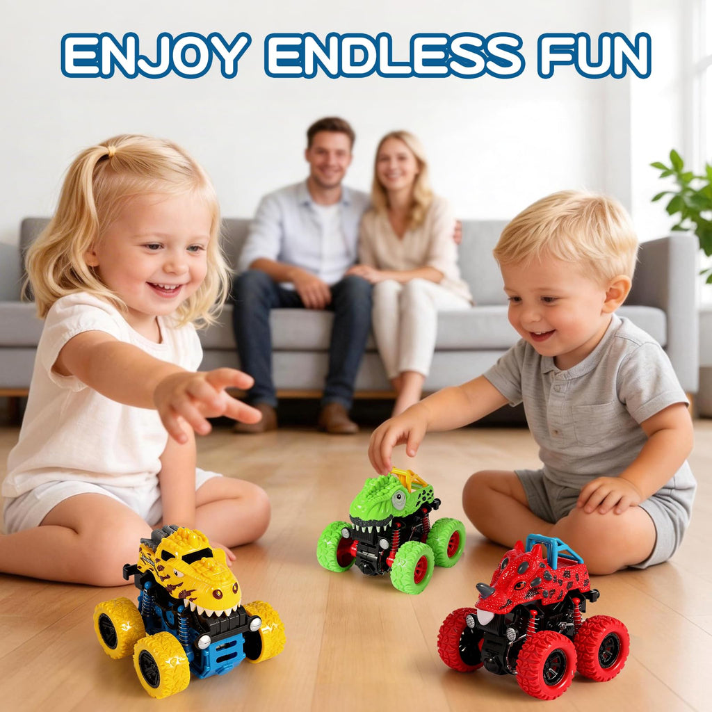 TGXLAK Dinosaur Monster Trucks – 3 Pack Friction Powered Push and Go Cars for Toddlers Ages 2-5