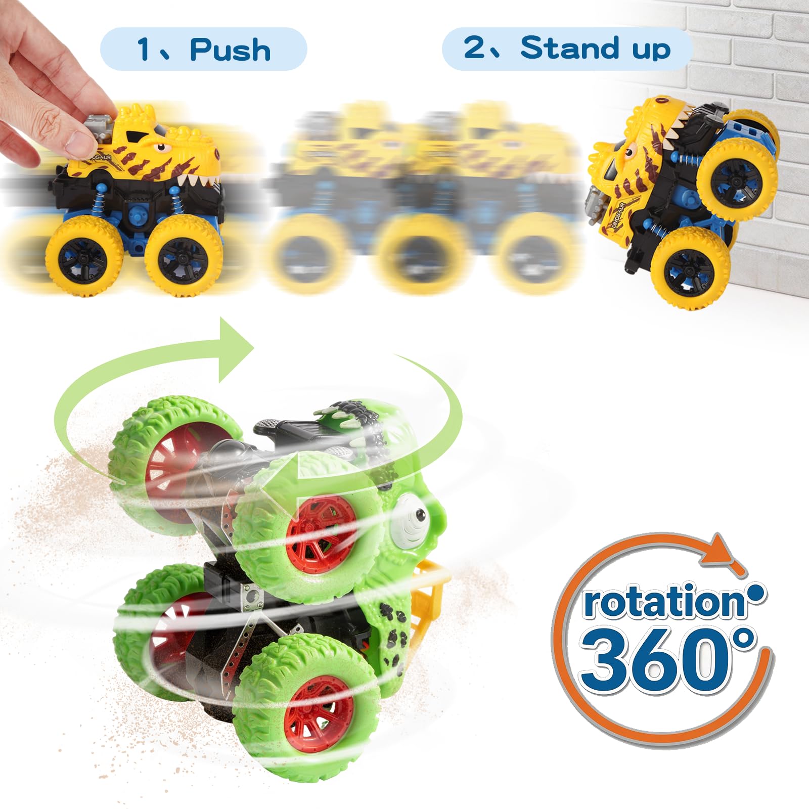 TGXLAK Dinosaur Monster Trucks – 3 Pack Friction Powered Push and Go Cars for Toddlers Ages 2-5