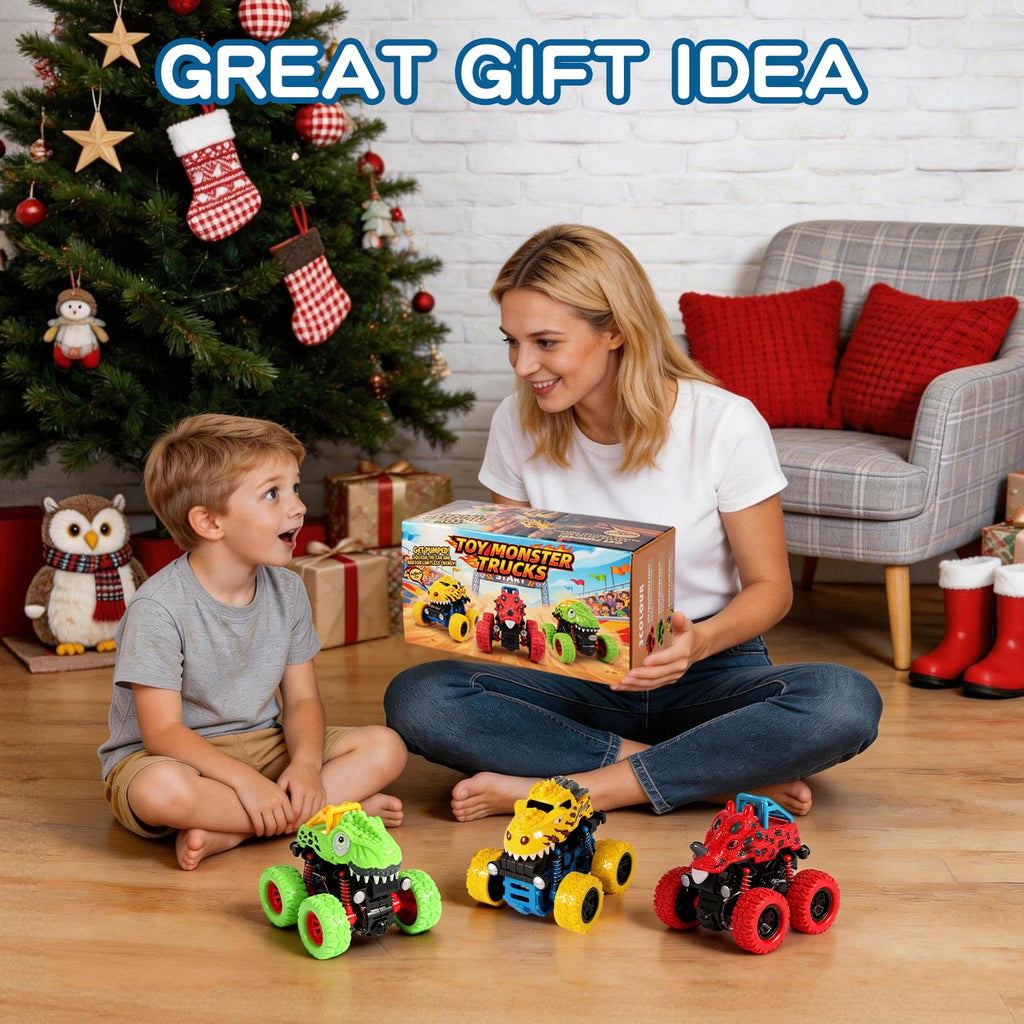 TGXLAK Dinosaur Monster Trucks – 3 Pack Friction Powered Push and Go Cars for Toddlers Ages 2-5