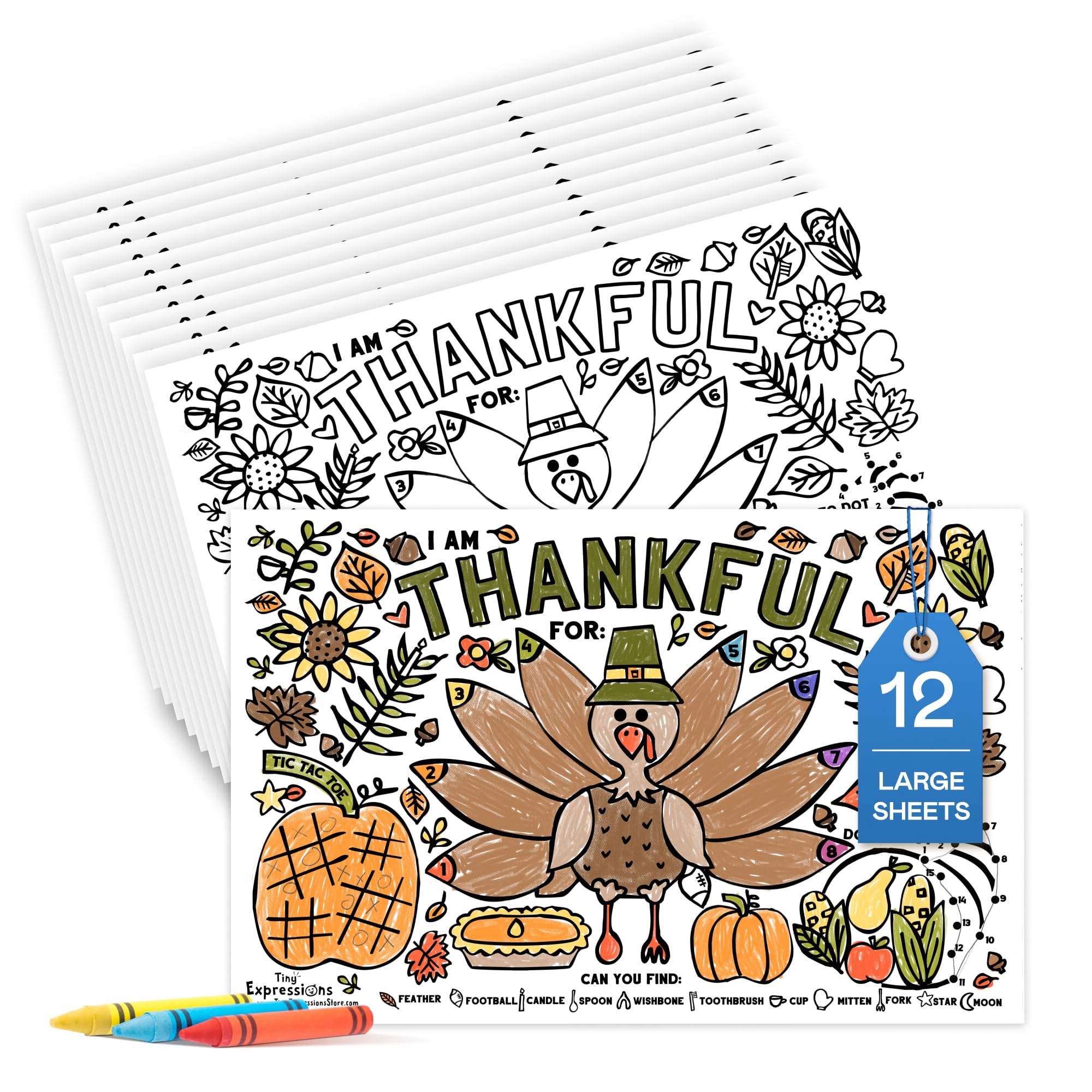 Thanksgiving Coloring Placemats (12 Pack) – 11x17 Turkey 'I Am Thankful For' Activity Sheets for Kids and Families