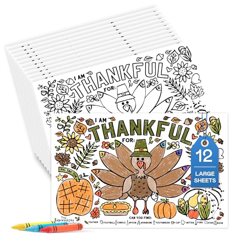 Thanksgiving Coloring Placemats (12 Pack) – 11x17 Turkey 'I Am Thankful For' Activity Sheets for Kids and Families