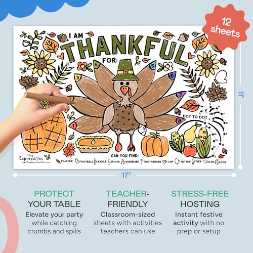 Thanksgiving Coloring Placemats (12 Pack) – 11x17 Turkey 'I Am Thankful For' Activity Sheets for Kids and Families