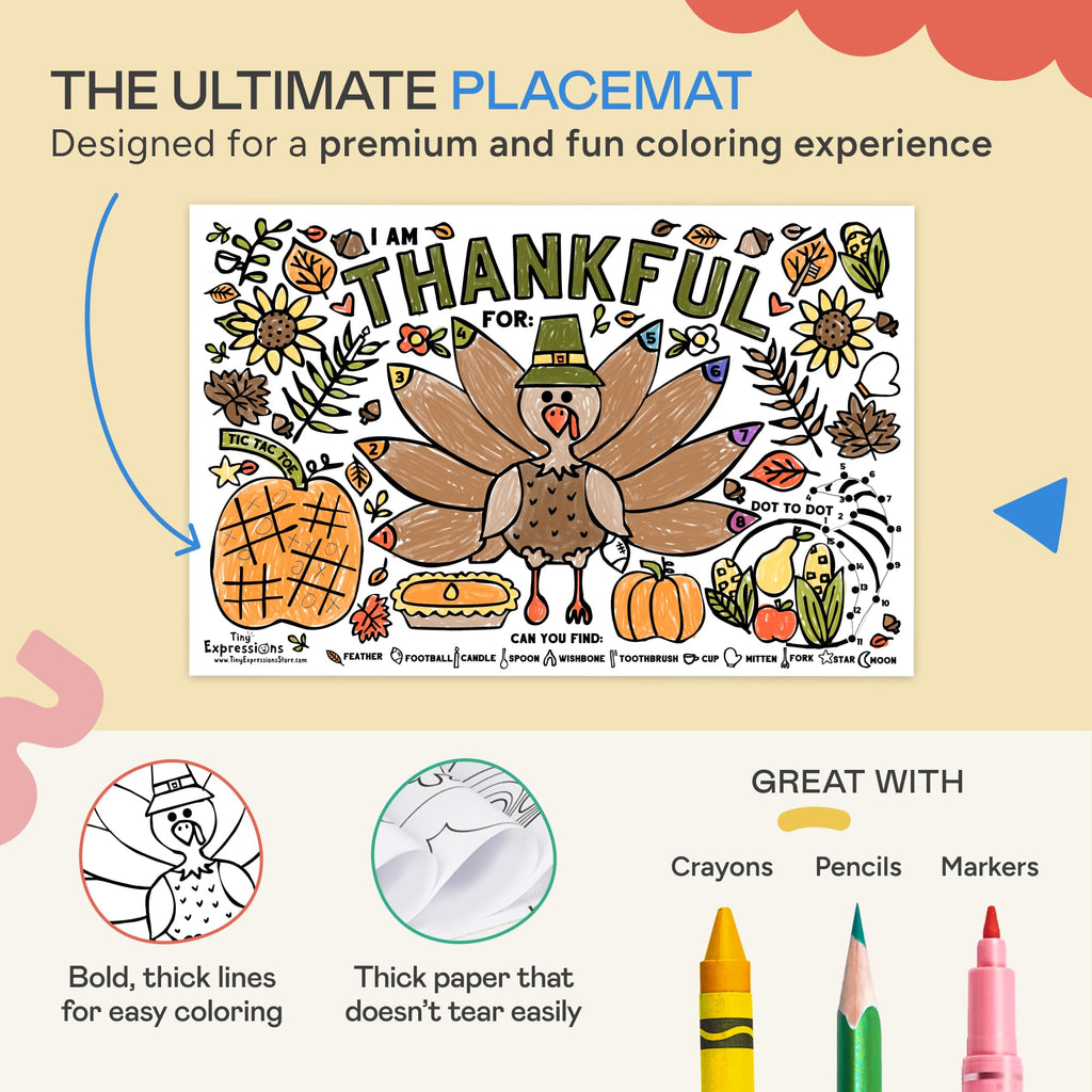 Thanksgiving Coloring Placemats (12 Pack) – 11x17 Turkey 'I Am Thankful For' Activity Sheets for Kids and Families