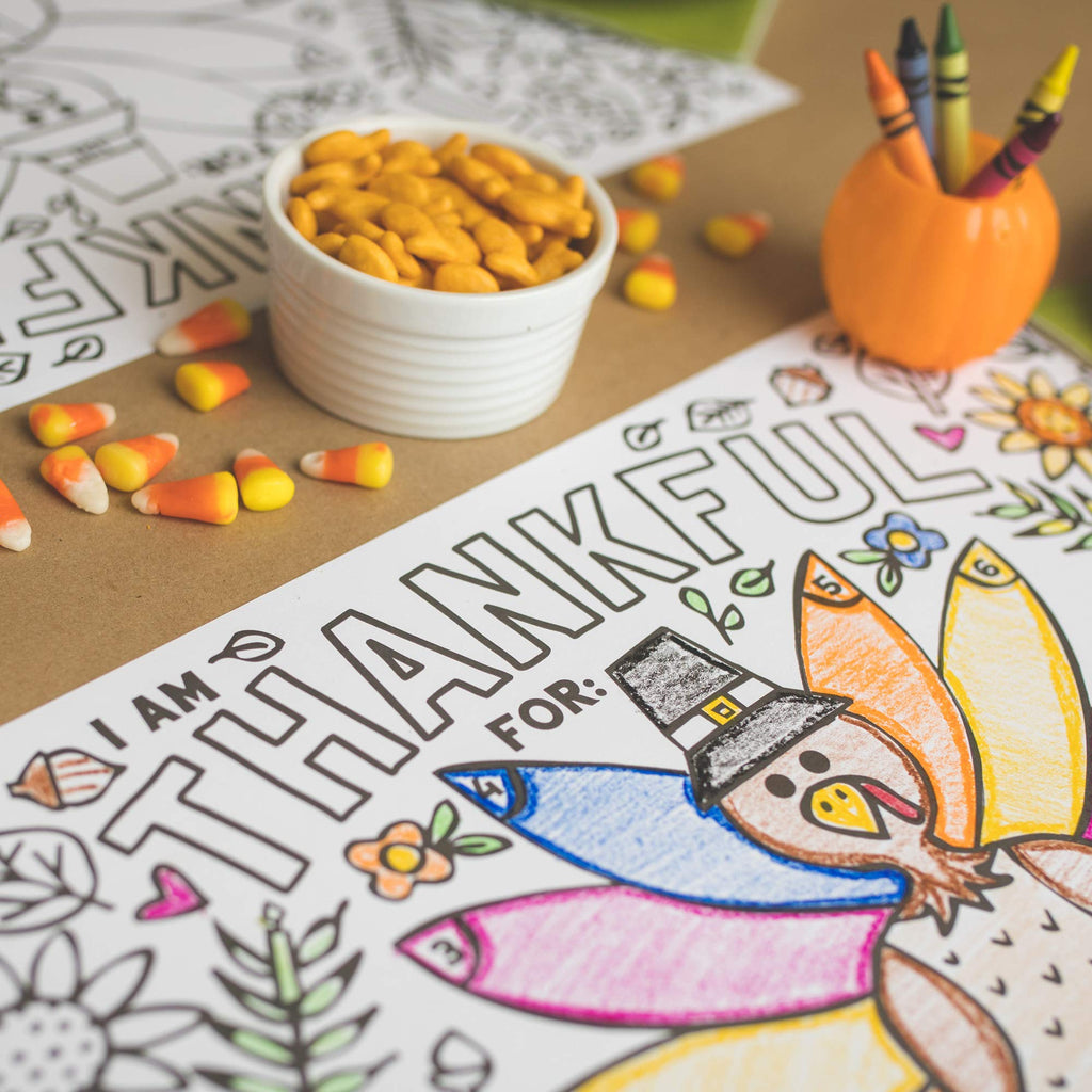 Thanksgiving Coloring Placemats (12 Pack) – 11x17 Turkey 'I Am Thankful For' Activity Sheets for Kids and Families