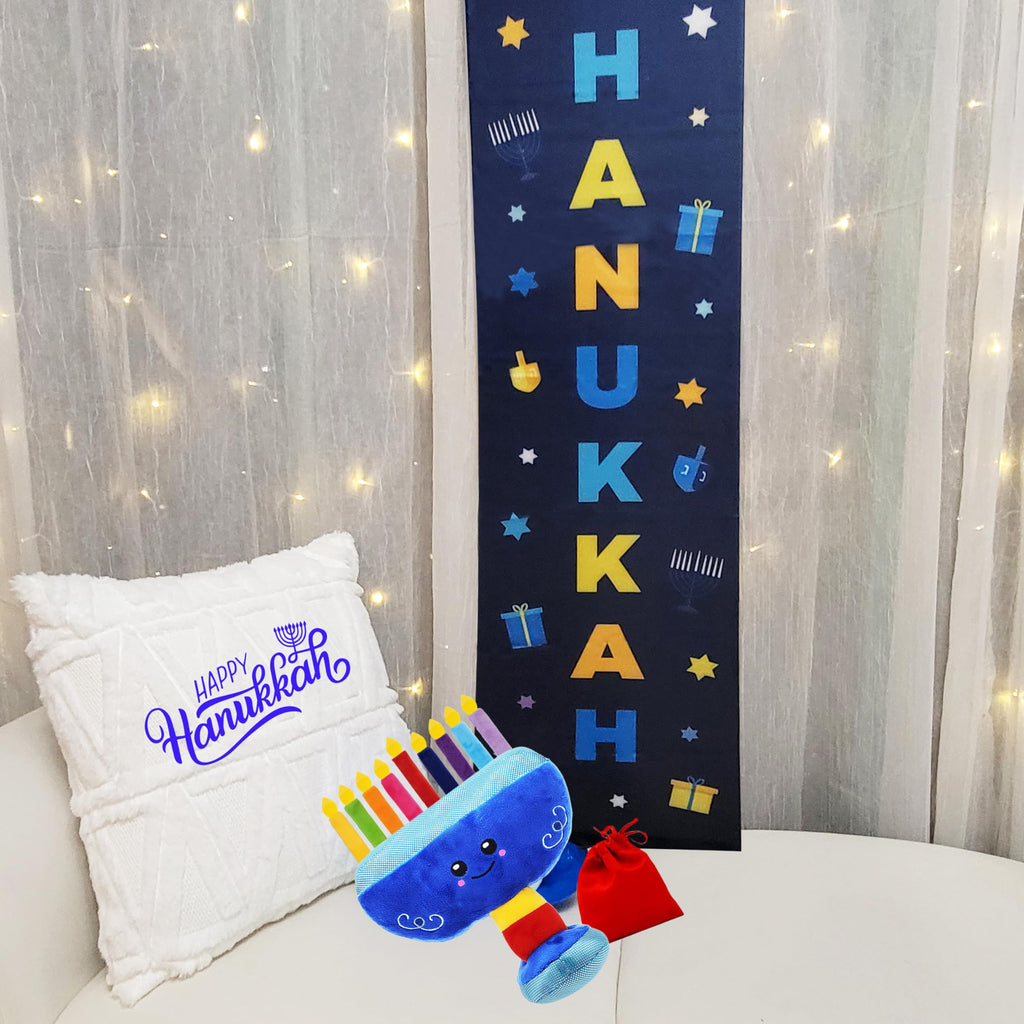 The Dreidel Company Plush Musical Menorah with Removable Candles and Dreidel, Plays 2 Hanukkah Songs