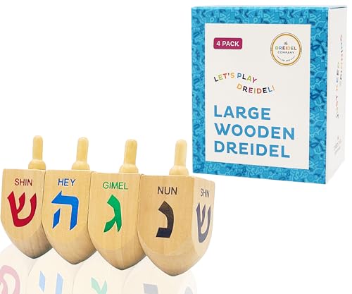 The Dreidel Company XL Wooden Dreidels, 4-Pack Hand Painted 3-Inch Spinning Tops with Hebrew Letters & Game Instructions