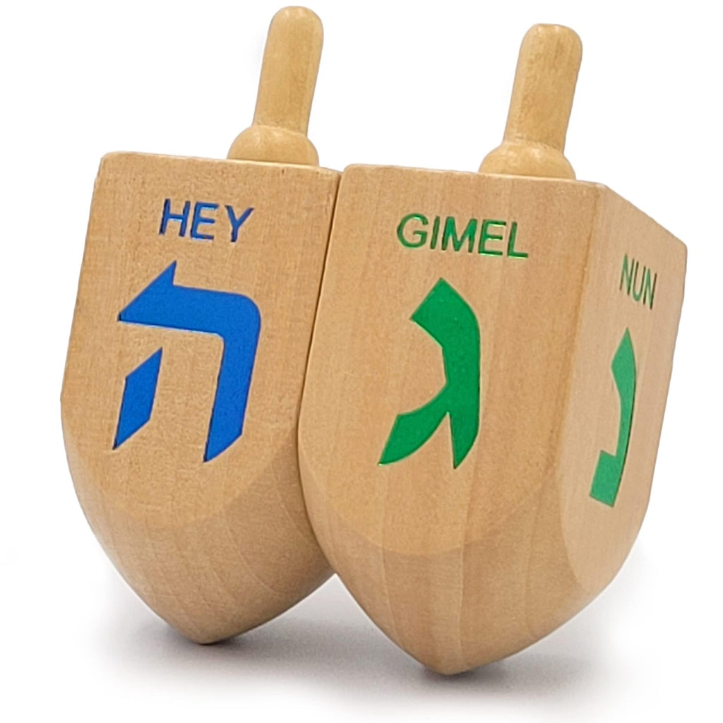The Dreidel Company XL Wooden Dreidels, 4-Pack Hand Painted 3-Inch Spinning Tops with Hebrew Letters & Game Instructions