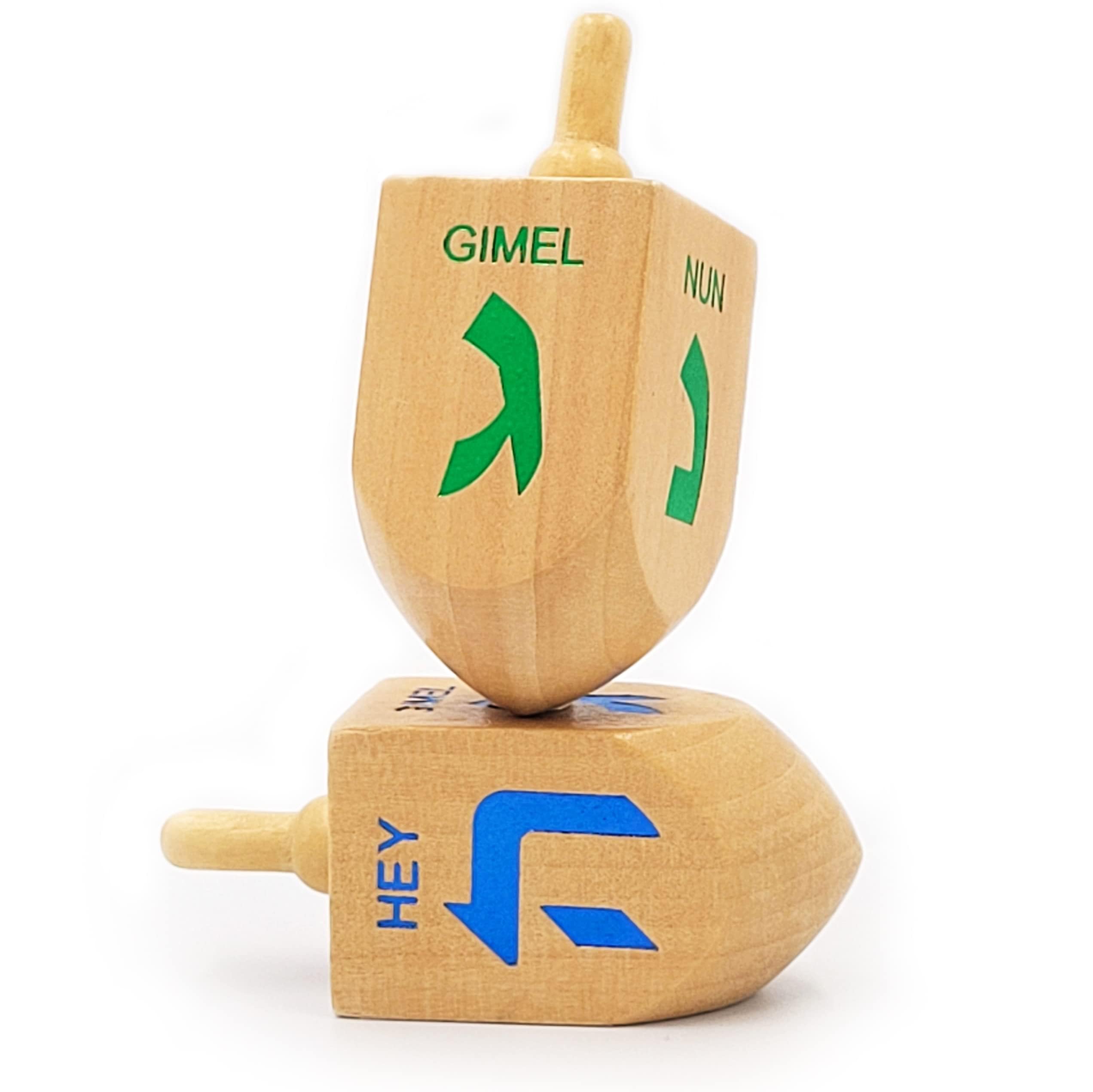 The Dreidel Company XL Wooden Dreidels, 4-Pack Hand Painted 3-Inch Spinning Tops with Hebrew Letters & Game Instructions